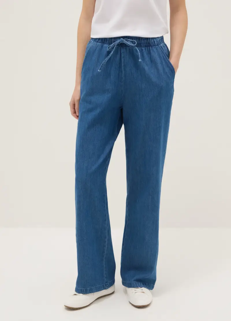 Pantaloni In Puro Cotone Denim Blu Wide Leg Con Elastico In Vita, Donna, Blu miniatura 2