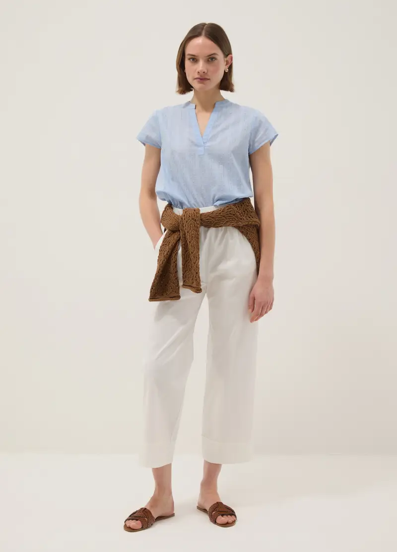 Pantaloni Jogger Dritti In Cotone Elasticizzato Bianchi, Donna, Bianco