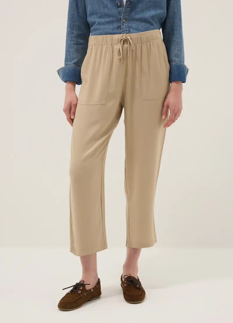 Pantaloni Jogger In Pura Viscosa Beige Regular Fit, Donna, Beige miniatura 2