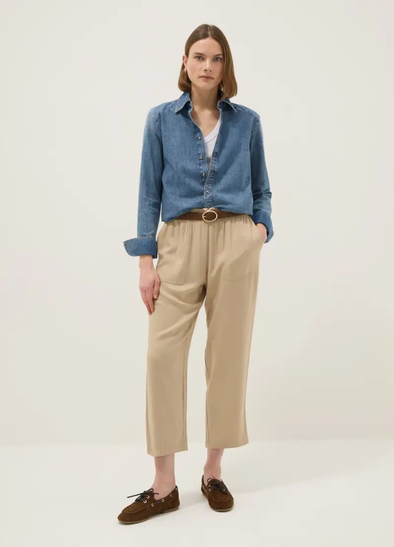 Pantaloni Jogger In Pura Viscosa Beige Regular Fit, Donna, Beige