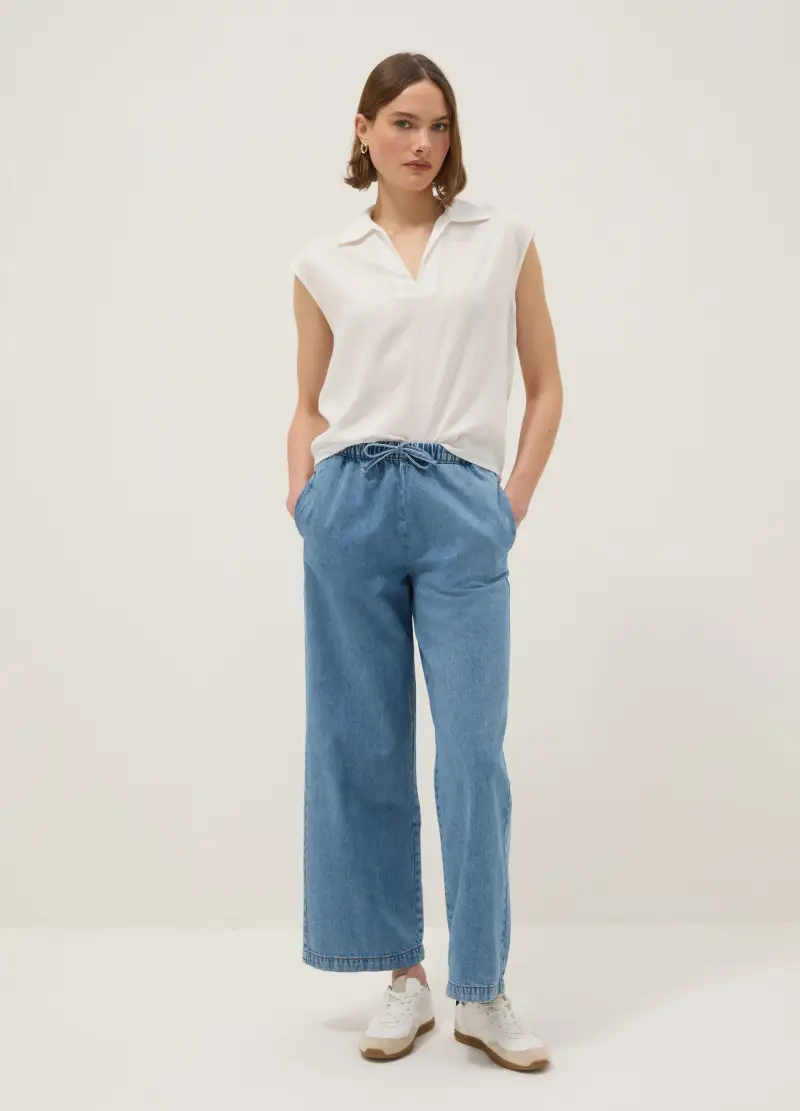 Pantaloni Jogger In Puro Cotone Denim Azzurro Regular Fit, Donna, Azzurro
