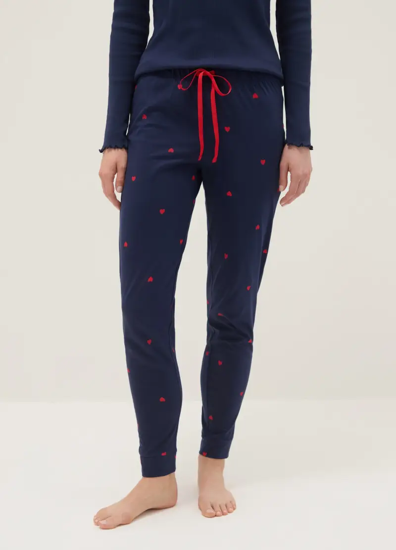 Pantaloni Pigiama In Puro Cotone Blu Regular Fit Con Cuoricini, Donna, Blu miniatura 2