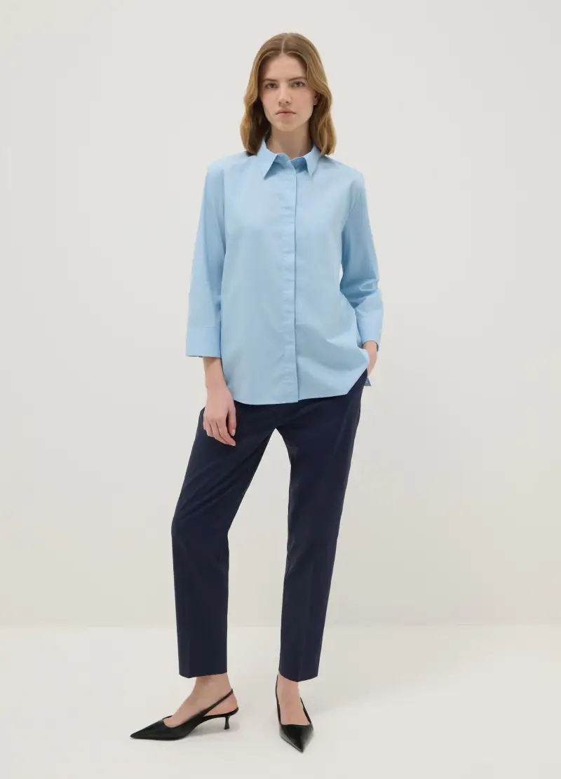 Pantaloni Satinati In Cotone Elasticizzato Blu Regular Fit, Donna, Blu