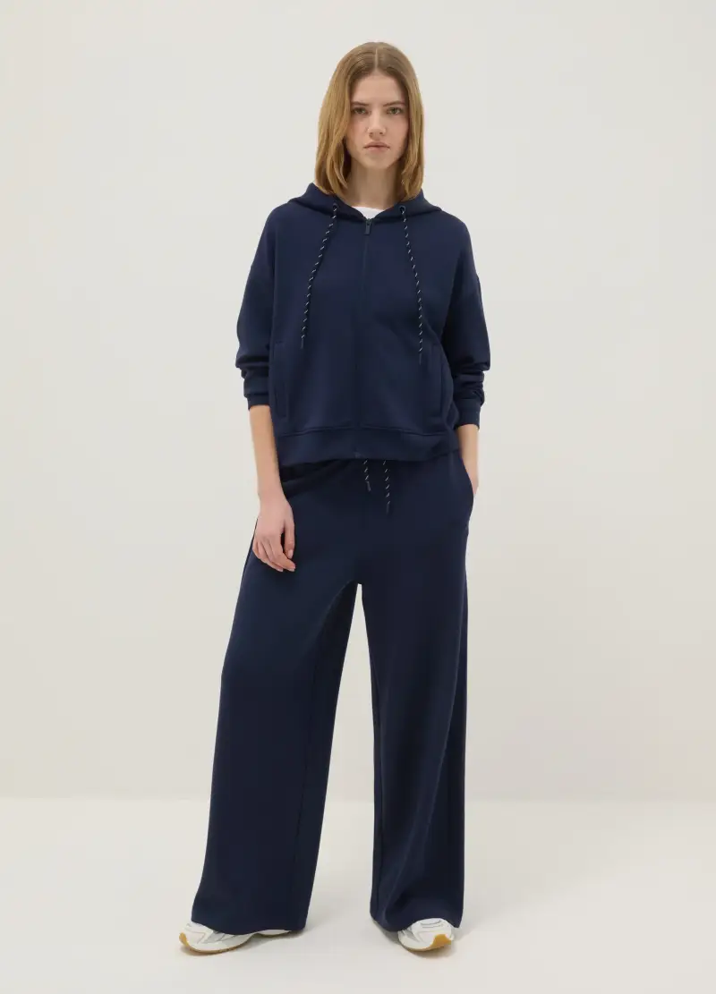 Pantaloni Wide Leg In Misto Modal Elasticizzato Blu, Donna, Blu