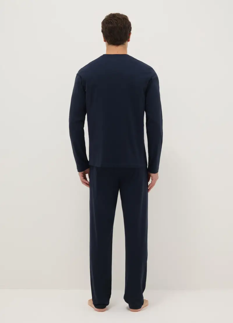 Pigiama A Maniche Lunghe Blu Con Scollo A V In Puro Cotone Regular Fit, Uomo, Blu miniatura 3
