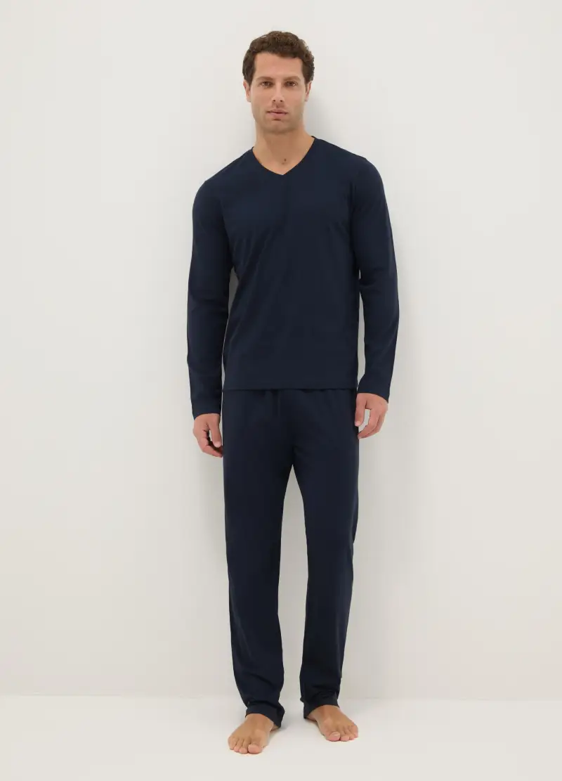 Pigiama A Maniche Lunghe Blu Con Scollo A V In Puro Cotone Regular Fit, Uomo, Blu