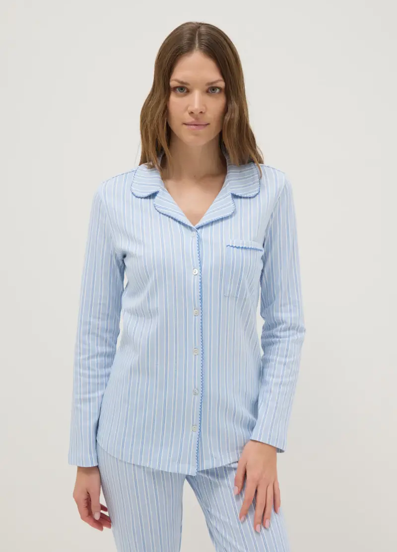 Pigiama A Righe Multicolor In Puro Cotone Regular Fit Con Scollo A V, Donna, Multicolor miniatura 2