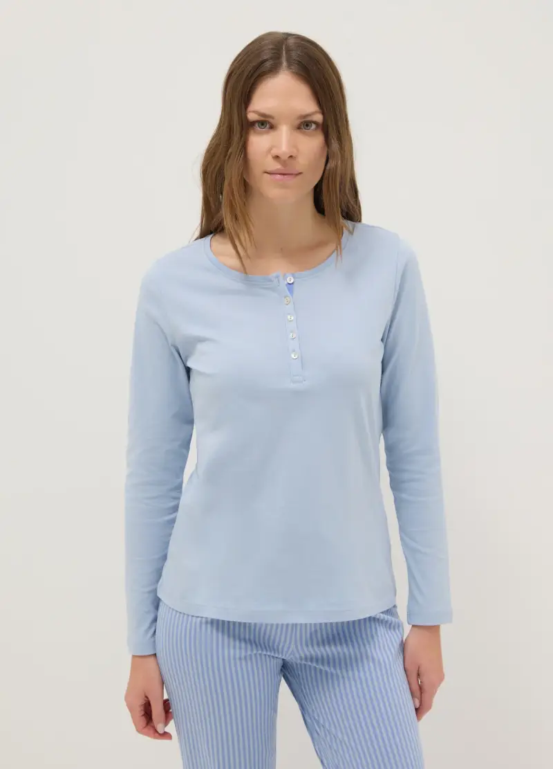 Pigiama Azzurro A Righe In Puro Cotone Regular Fit, Donna, Azzurro miniatura 2
