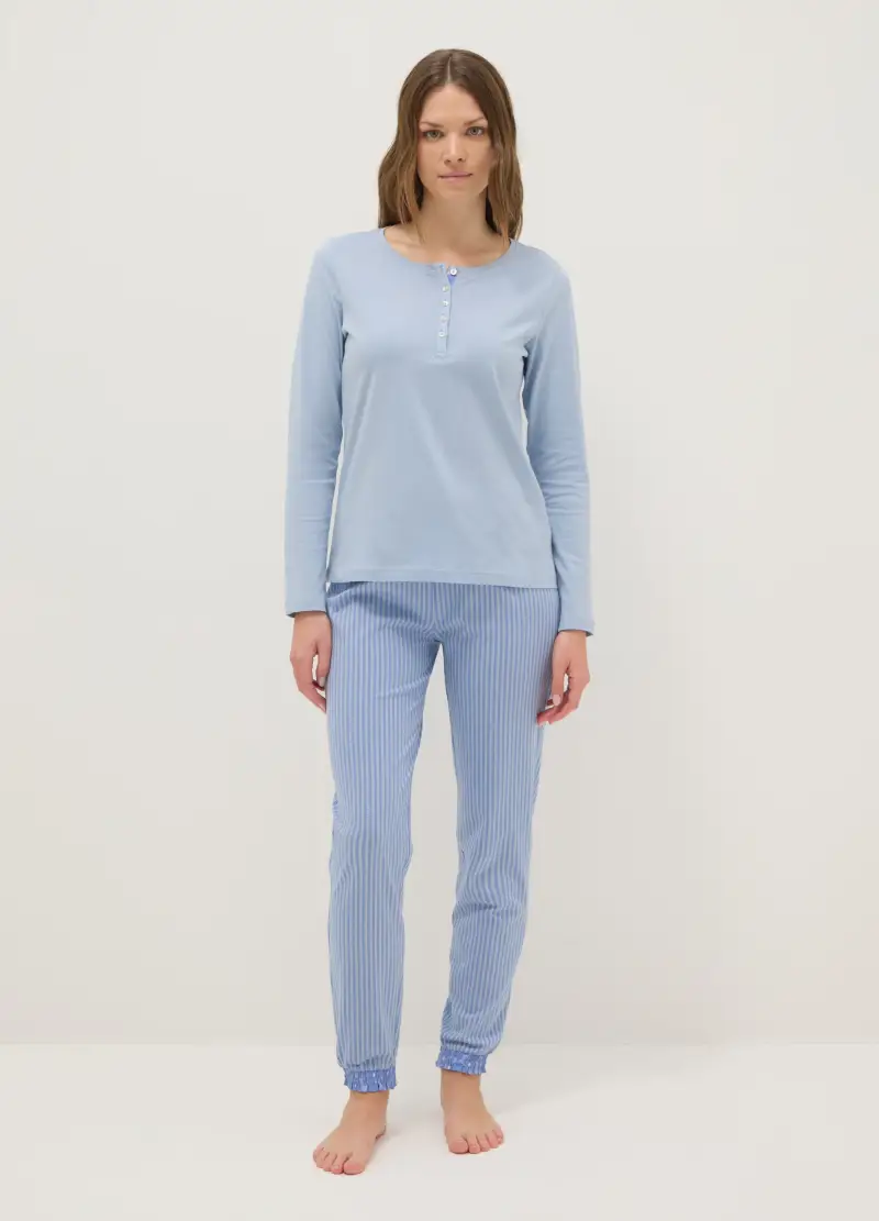 Pigiama Azzurro A Righe In Puro Cotone Regular Fit, Donna, Azzurro