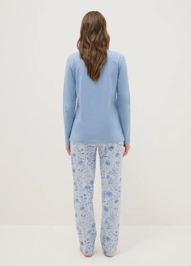 Pigiama Azzurro In Puro Cotone Regular Fit Con Dettagli Floreali, Donna, Azzurro miniatura 3