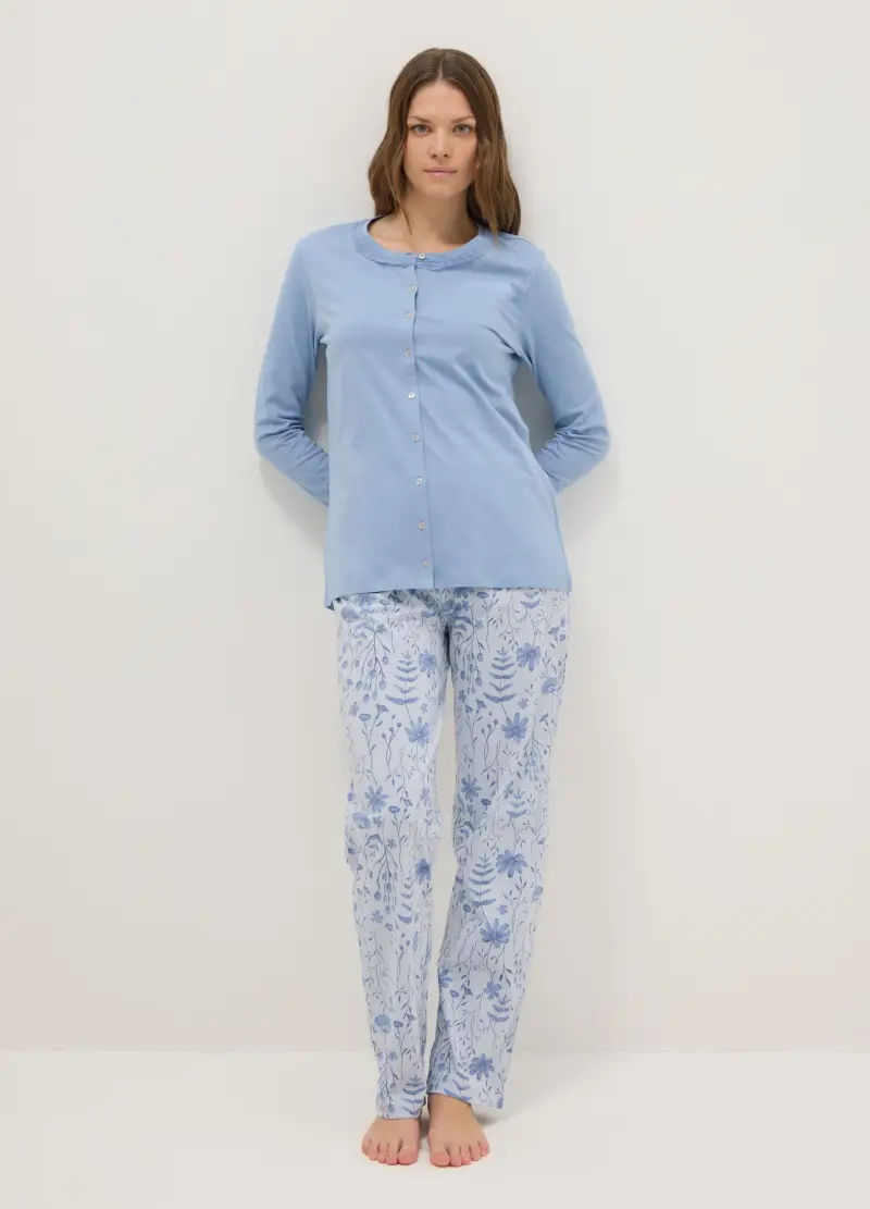 Pigiama Azzurro In Puro Cotone Regular Fit Con Dettagli Floreali, Donna, Azzurro