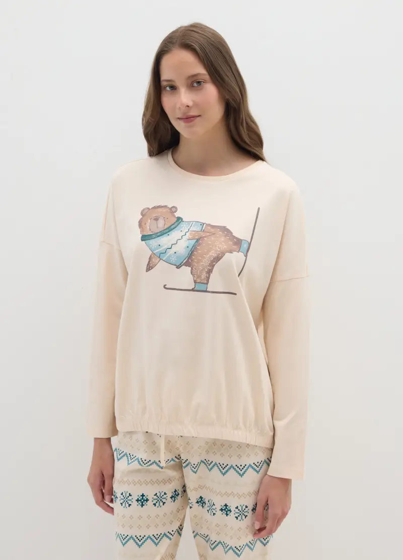 Pigiama Beige In Puro Cotone Regular Fit Con Stampe, Donna, Multicolor miniatura 2