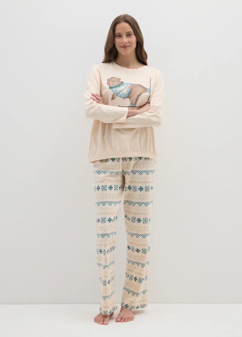 Pigiama Beige In Puro Cotone Regular Fit Con Stampe, Donna, Multicolor