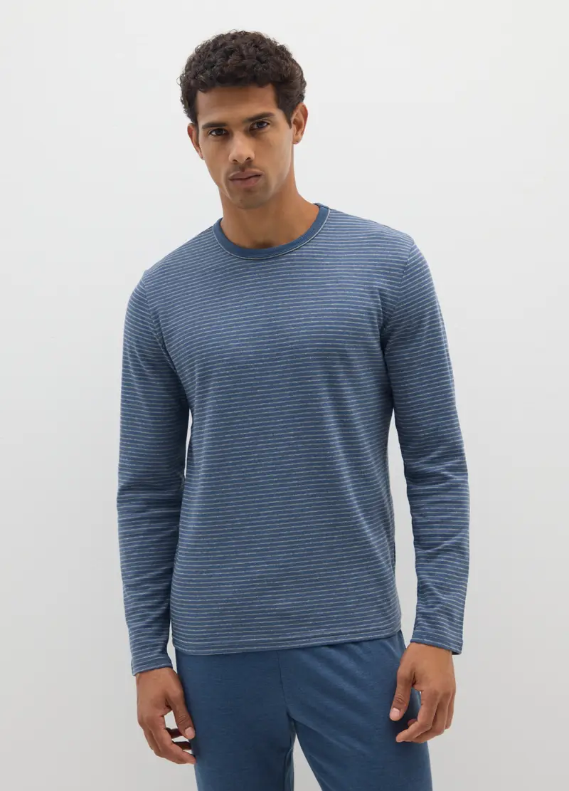Pigiama Blu A Righe In Puro Cotone Regular Fit, Uomo, Blu miniatura 2