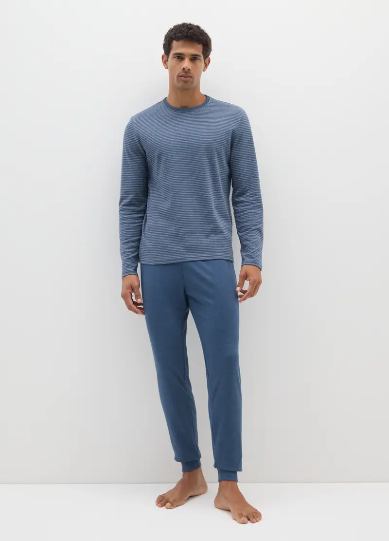 Pigiama Blu A Righe In Puro Cotone Regular Fit, Uomo, Blu