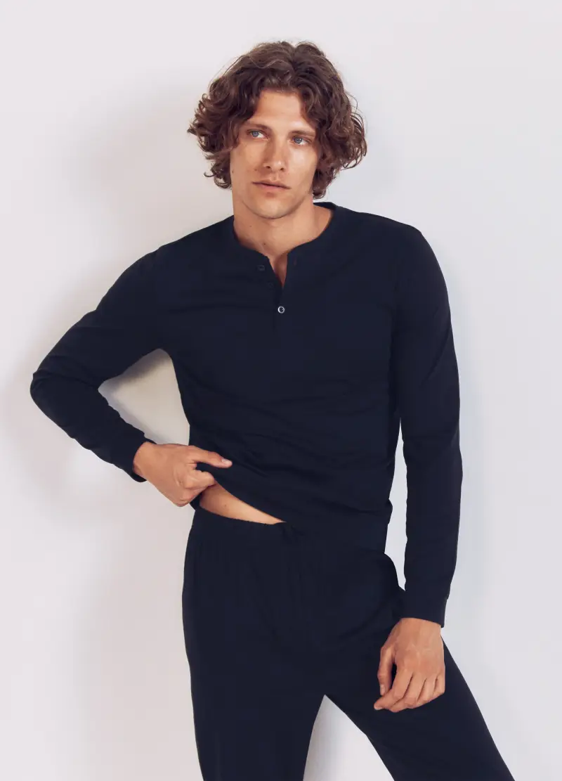 Pigiama Blu In Puro Cotone Regular Fit Con Collo Serafino, Uomo, Blu