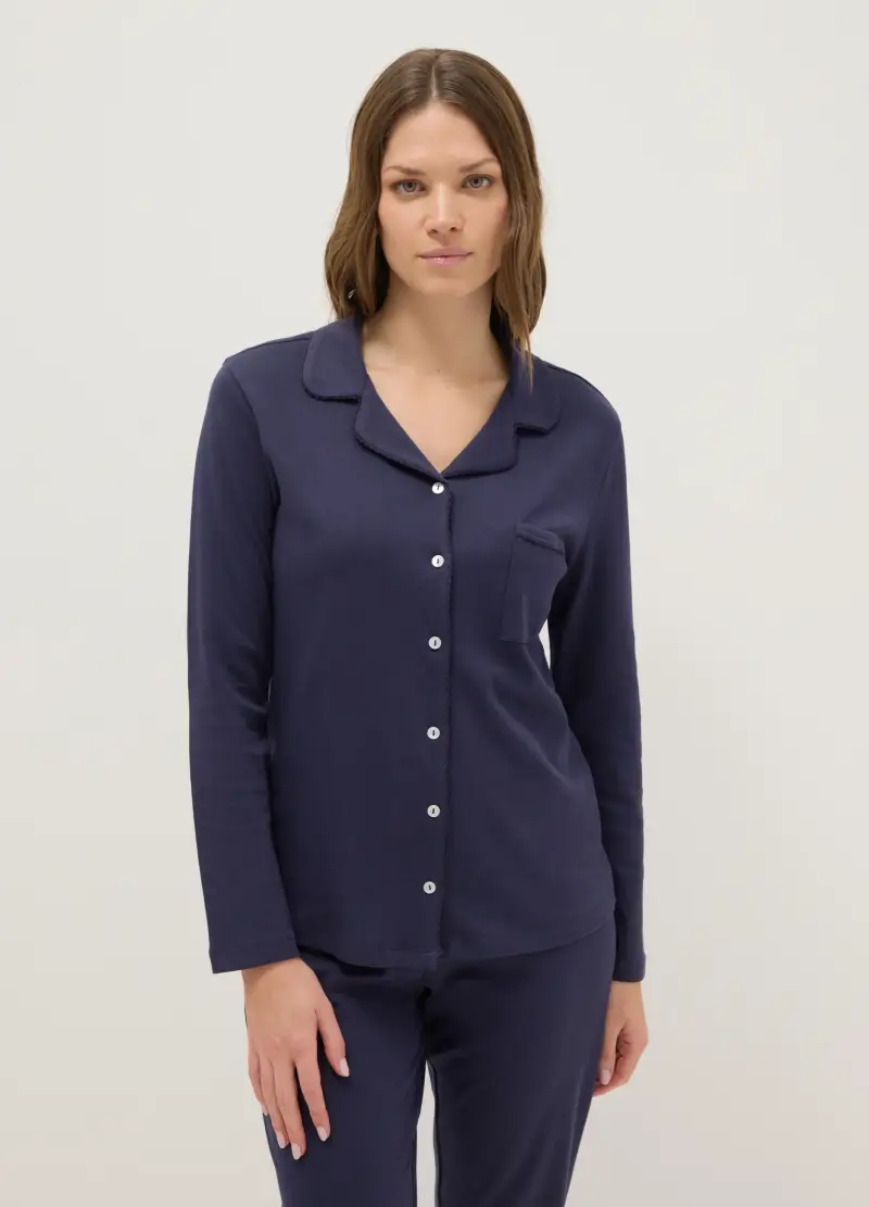 Pigiama Blu In Puro Cotone Regular Fit Con Taschino E Scollo A V, Donna, Blu miniatura 2