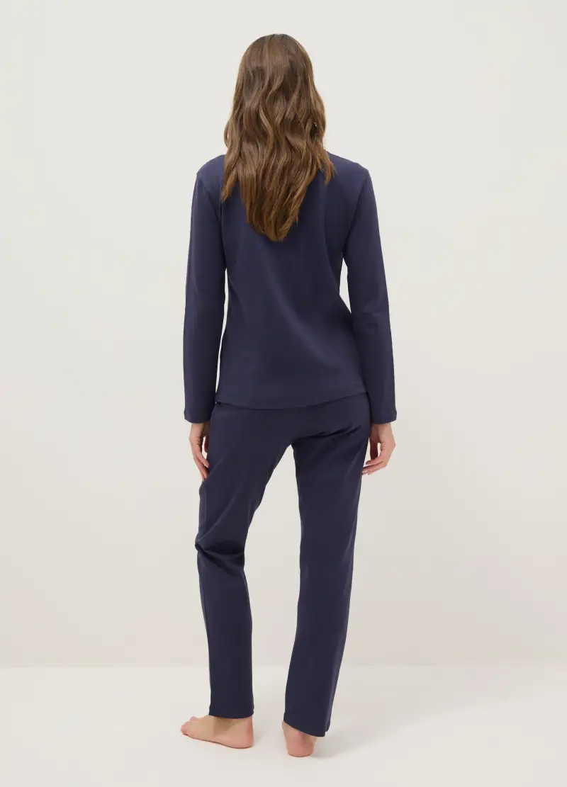 Pigiama Blu In Puro Cotone Regular Fit Con Taschino E Scollo A V, Donna, Blu miniatura 3