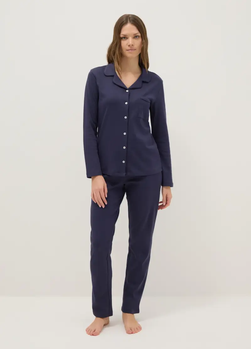 Pigiama Blu In Puro Cotone Regular Fit Con Taschino E Scollo A V, Donna, Blu