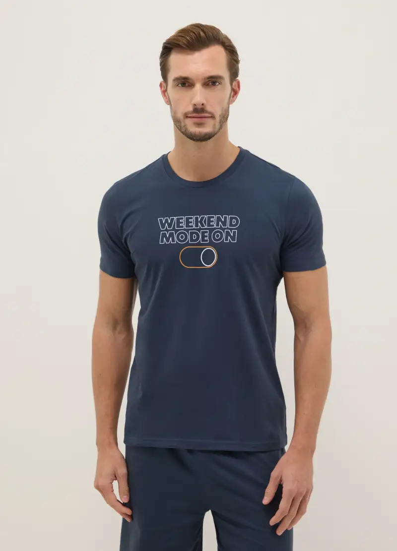 Pigiama Corto In Puro Cotone Blu Regular Fit Con Stampa, Uomo, Blu miniatura 2