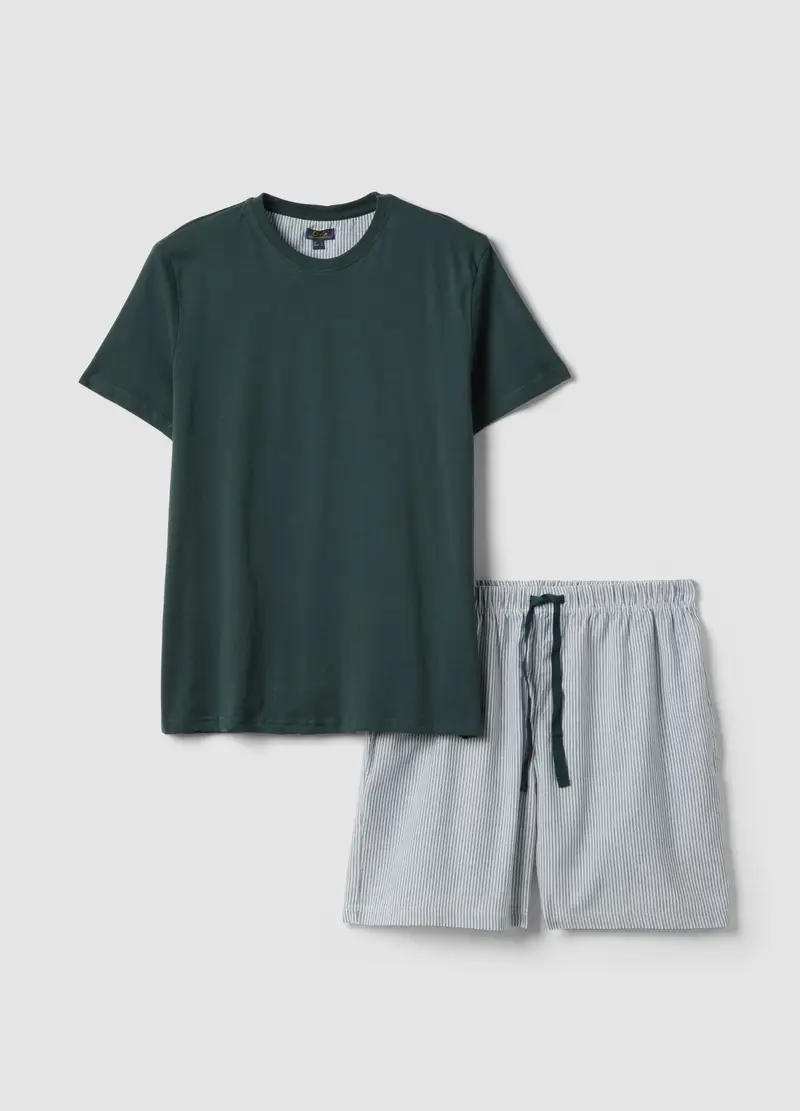 Pigiama Corto Verde A Righe In Jersey Di Puro Cotone Organico, Uomo, Verde