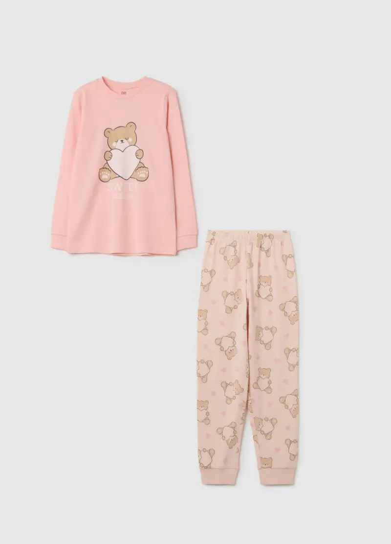 Pigiama Da Bambina In Puro Cotone Rosa Con Stampa, Rosa