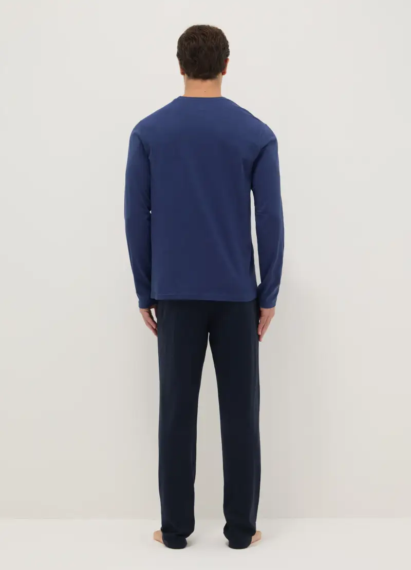 Pigiama Girocollo Blu A Maniche Lunghe In Puro Cotone Regular Fit, Uomo, Blu miniatura 3