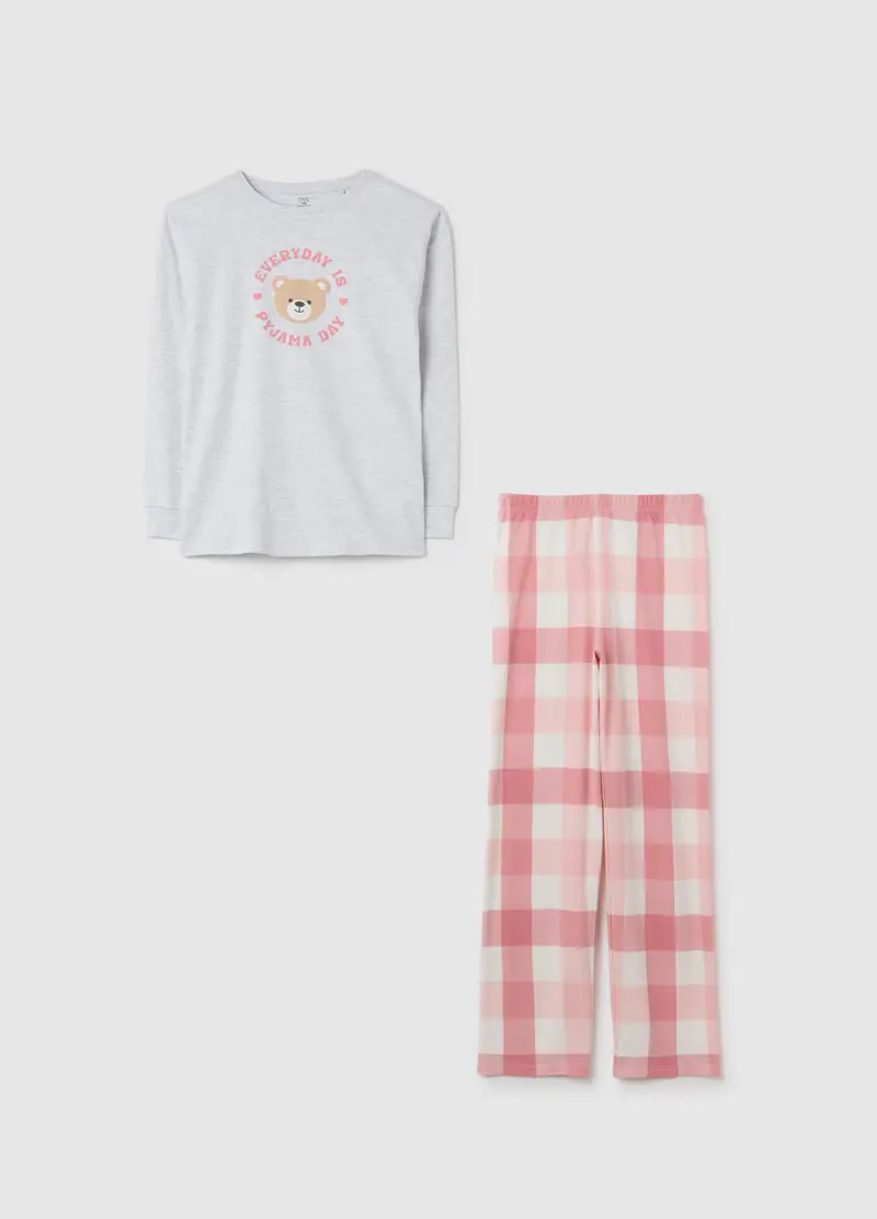 Pigiama Grigio Con Pantaloni A Quadri Rosa, Bambina, Bianco