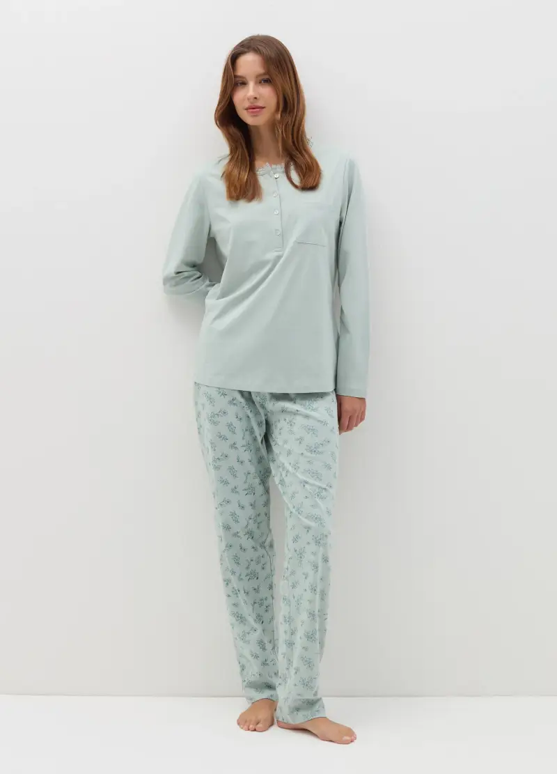 Pigiama In Cotone Bio Con Fantasia Floreale, Donna, Verde miniatura 3