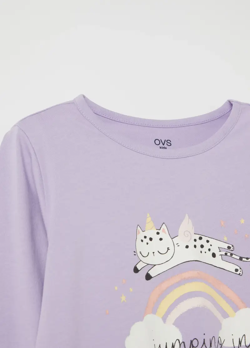 Pigiama In Cotone Bio Con Scritta "jumping In My Bed", Bambina, Viola miniatura 3