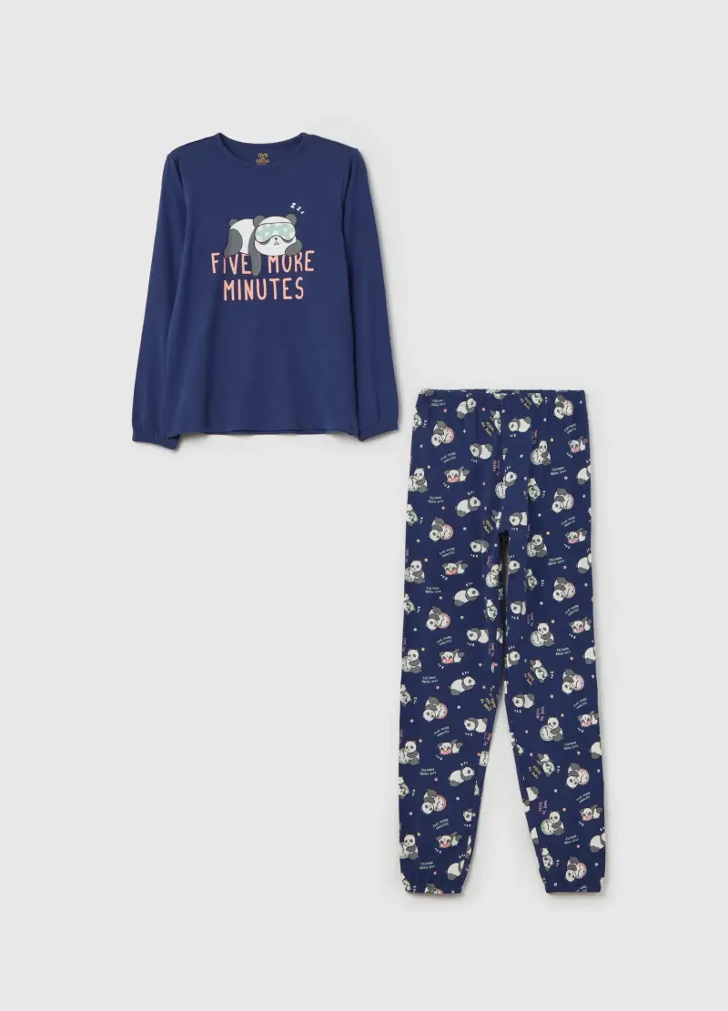 Pigiama In Cotone Bio Stampa "five More Minutes", Bambina, Blu