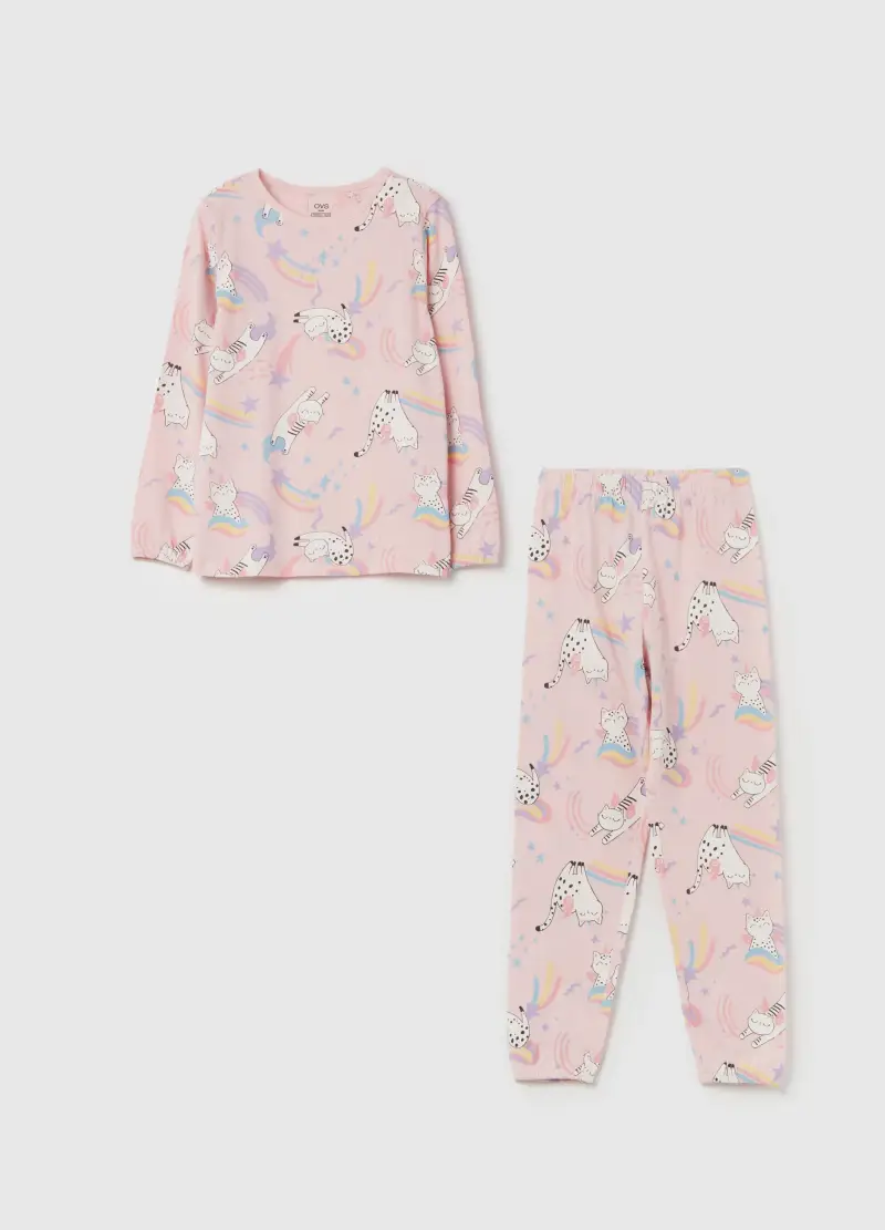 Pigiama In Cotone Bio Stampa Gattini Unicorno, Bambina, Rosa