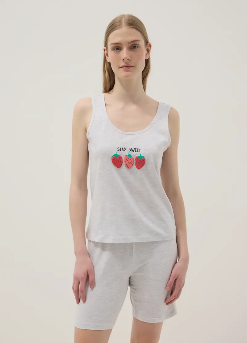 Pigiama In Cotone Elasticizzato Grigio Regular Fit Con Fragole, Donna, Grigio miniatura 2