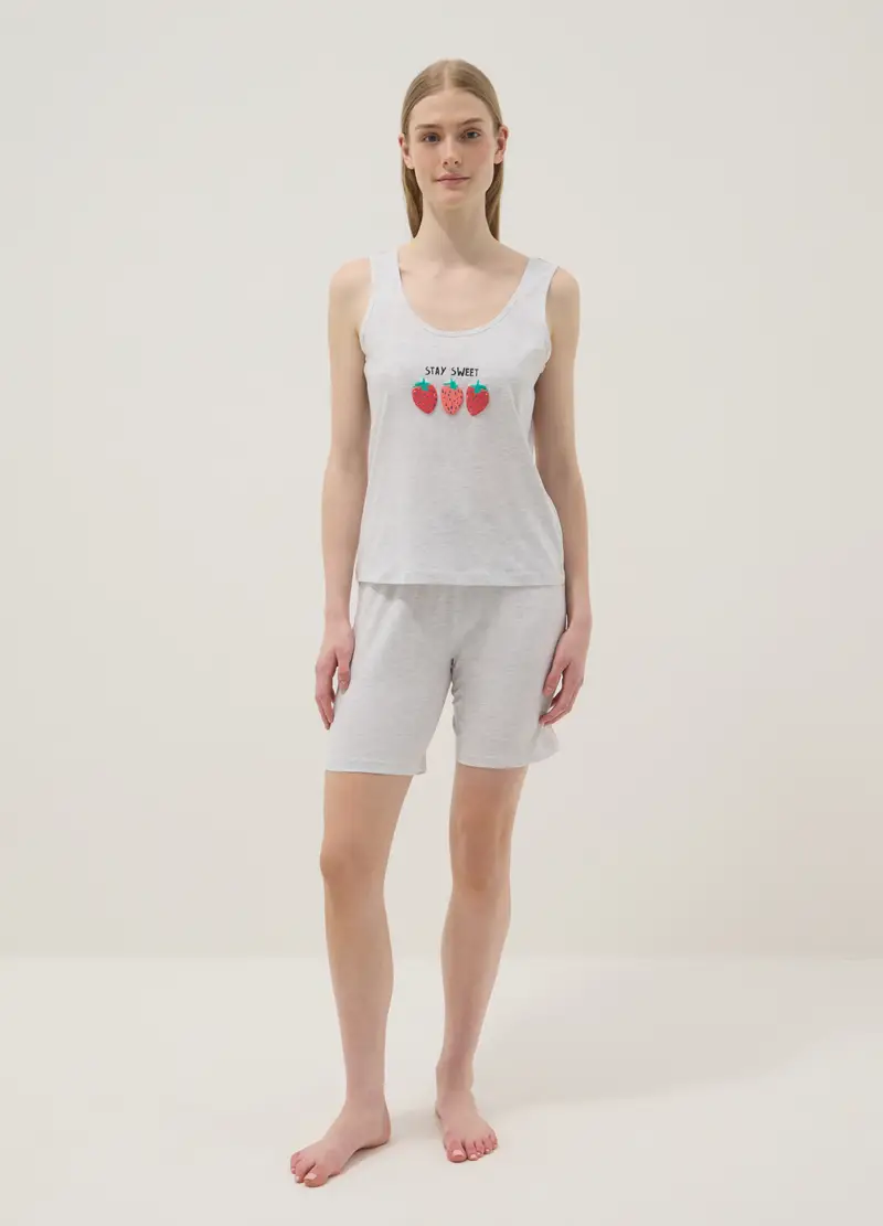 Pigiama In Cotone Elasticizzato Grigio Regular Fit Con Fragole, Donna, Grigio