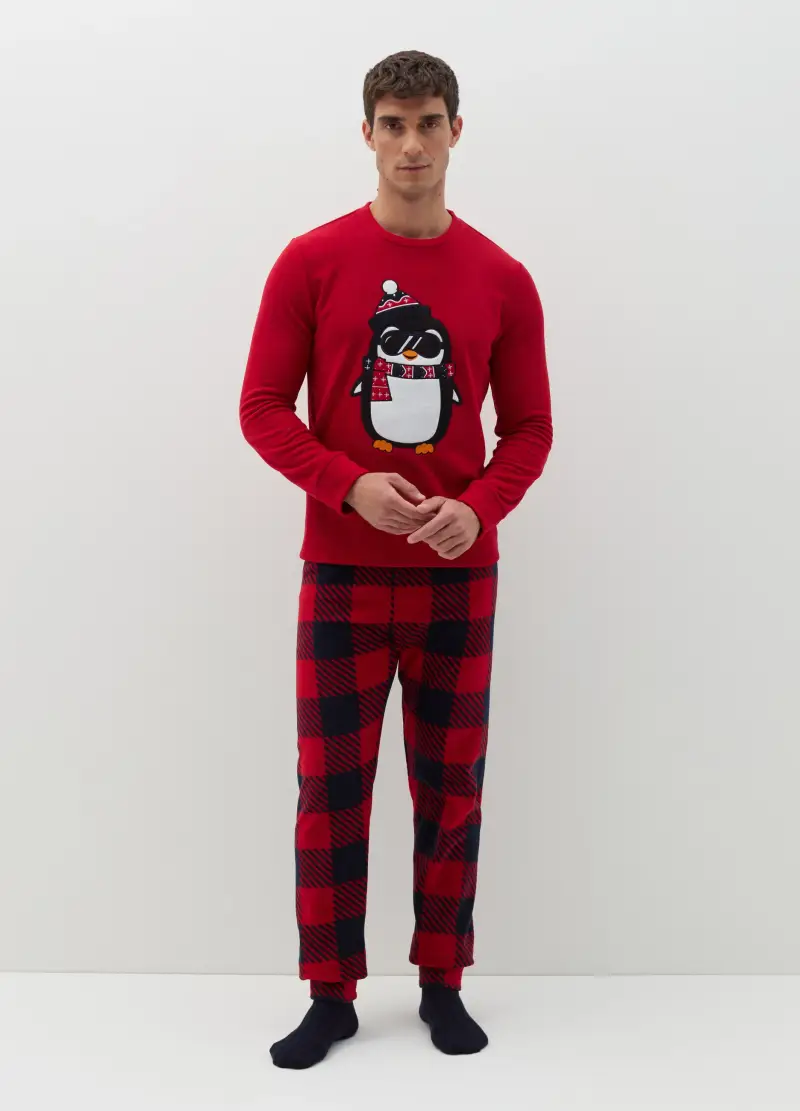 Pigiama In Pile Con Ricamo Pinguino, Uomo, Multicolor