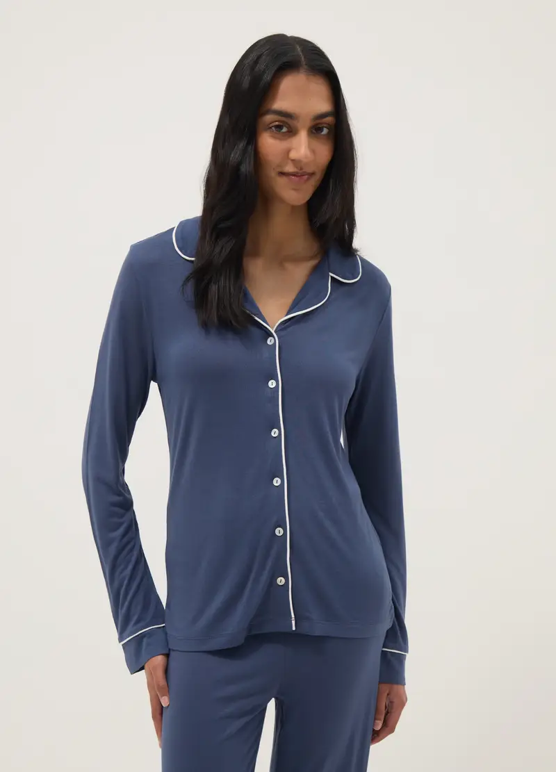 Pigiama In Pura Viscosa Blu Regular Fit Con Collo A V, Donna, Blu miniatura 2
