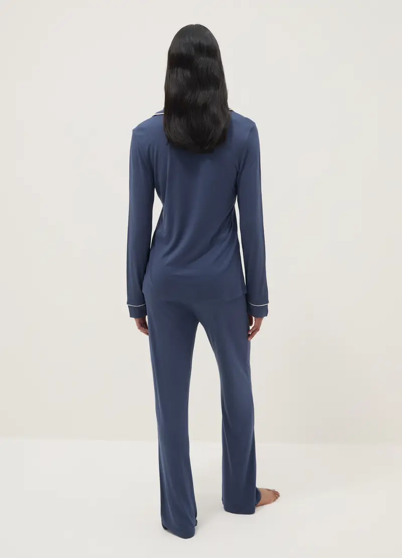 Pigiama In Pura Viscosa Blu Regular Fit Con Collo A V, Donna, Blu miniatura 3