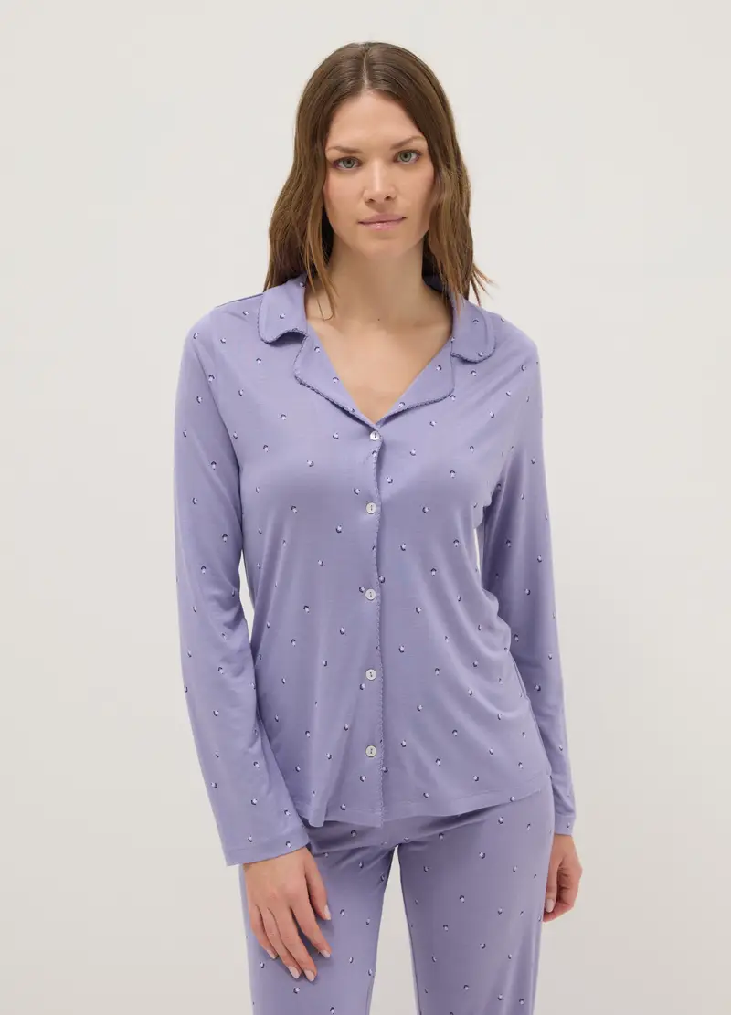 Pigiama In Pura Viscosa Viola Regular Fit Con Scollo A V E Stampe, Donna, Viola
