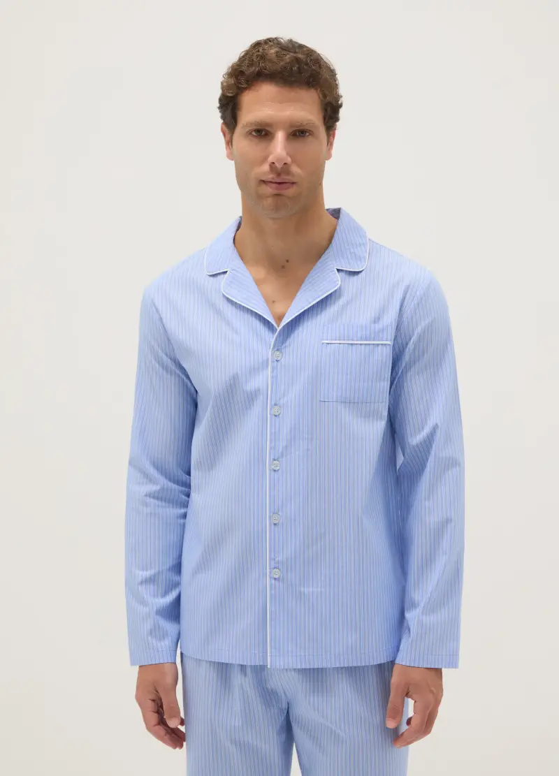 Pigiama In Puro Cotone Azzurro A Righe Regular Fit, Uomo, Azzurro miniatura 2