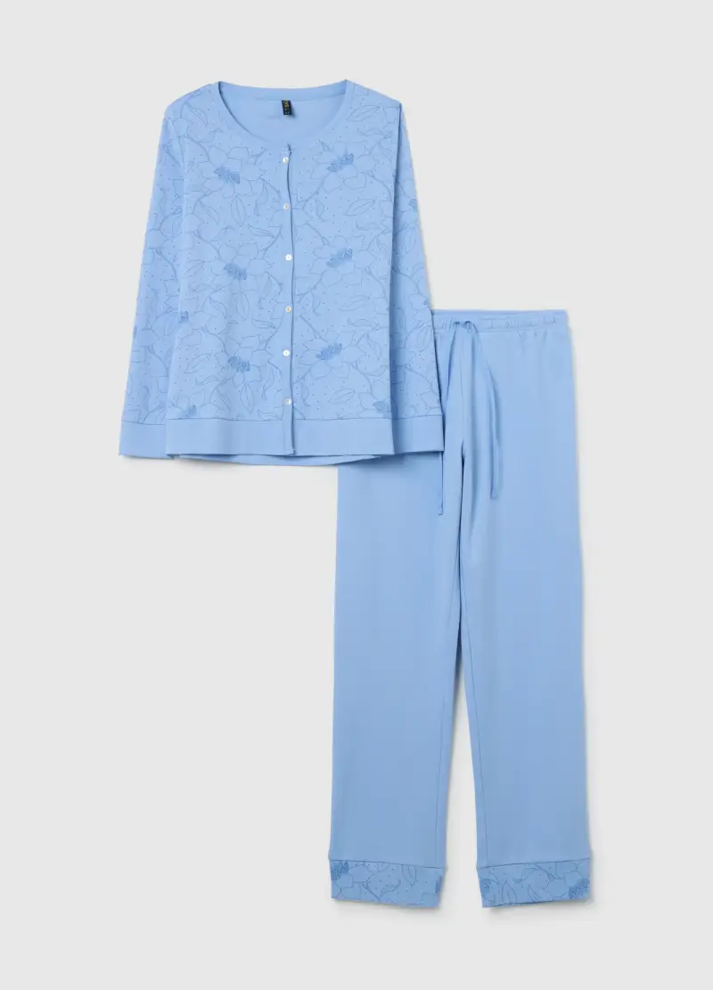 Pigiama In Puro Cotone Azzurro Regular Fit Con Stampa Floreale, Donna, Azzurro