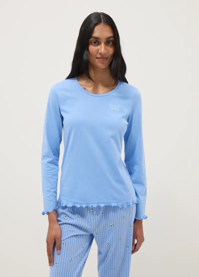 Pigiama In Puro Cotone Azzurro Regular Fit Con Volant, Donna, Azzurro miniatura 2