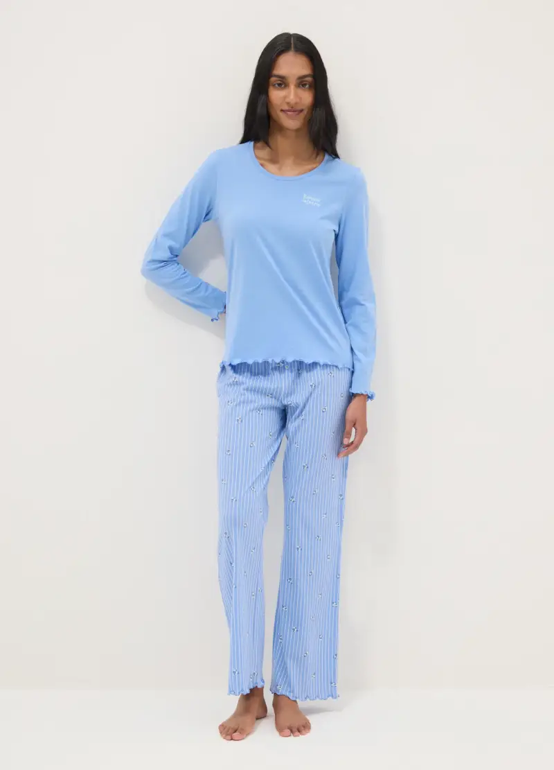 Pigiama In Puro Cotone Azzurro Regular Fit Con Volant, Donna, Azzurro