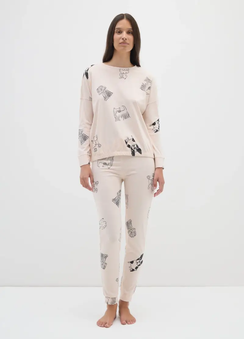 Pigiama In Puro Cotone Beige Con Stampa, Donna, Beige