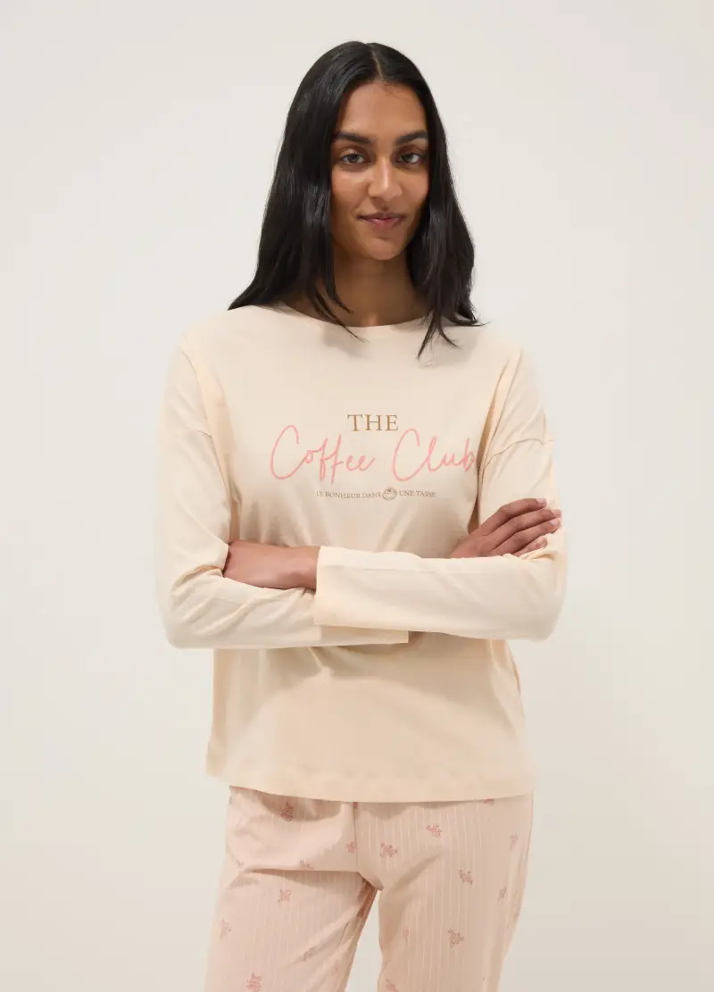 Pigiama In Puro Cotone Beige Regular Fit Con Scritta, Donna, Beige miniatura 2