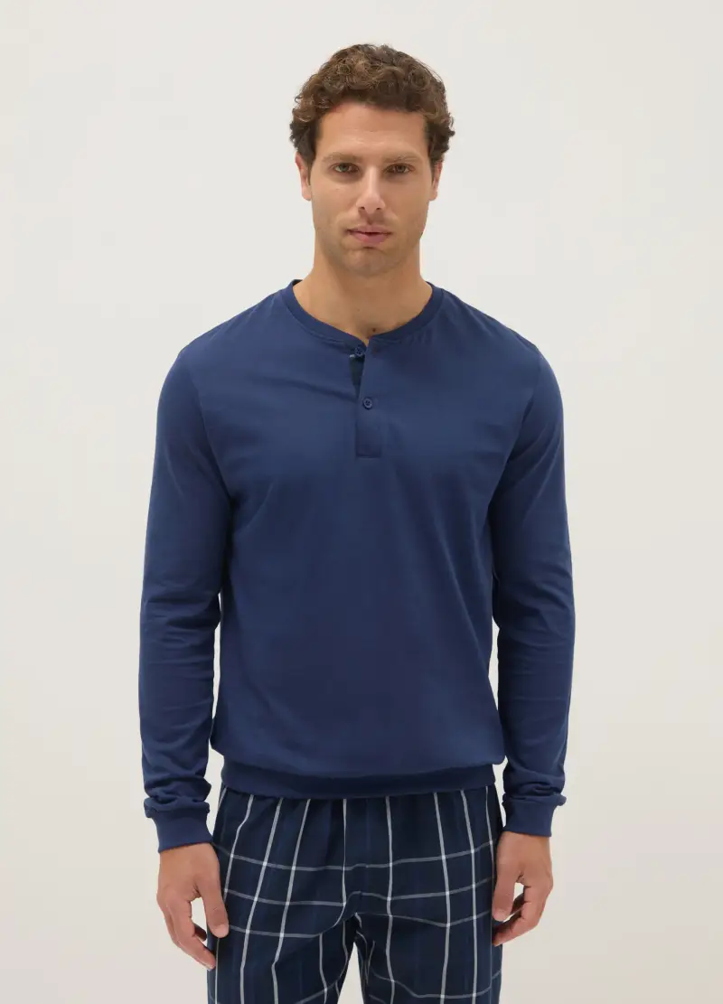 Pigiama In Puro Cotone Blu A Quadri Regular Fit, Uomo, Blu miniatura 2