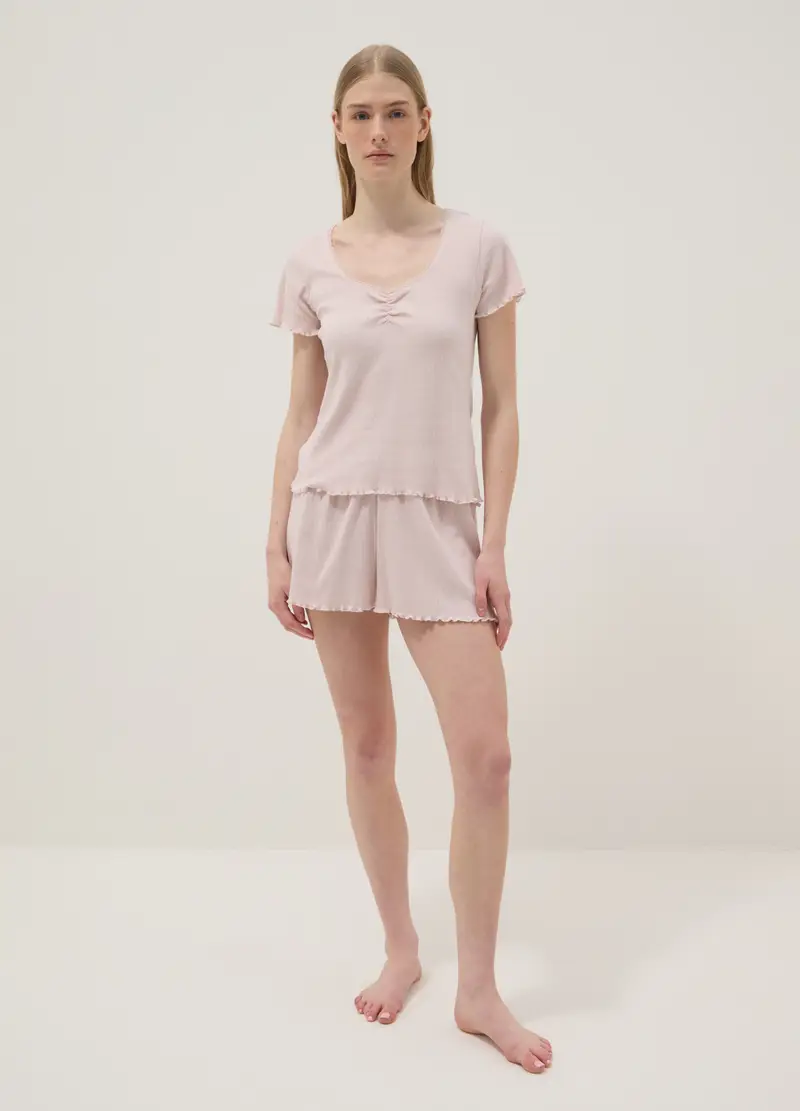 Pigiama In Puro Cotone Rosa Regular Fit Con Dettagli Arricciati, Donna, Rosa miniatura 2