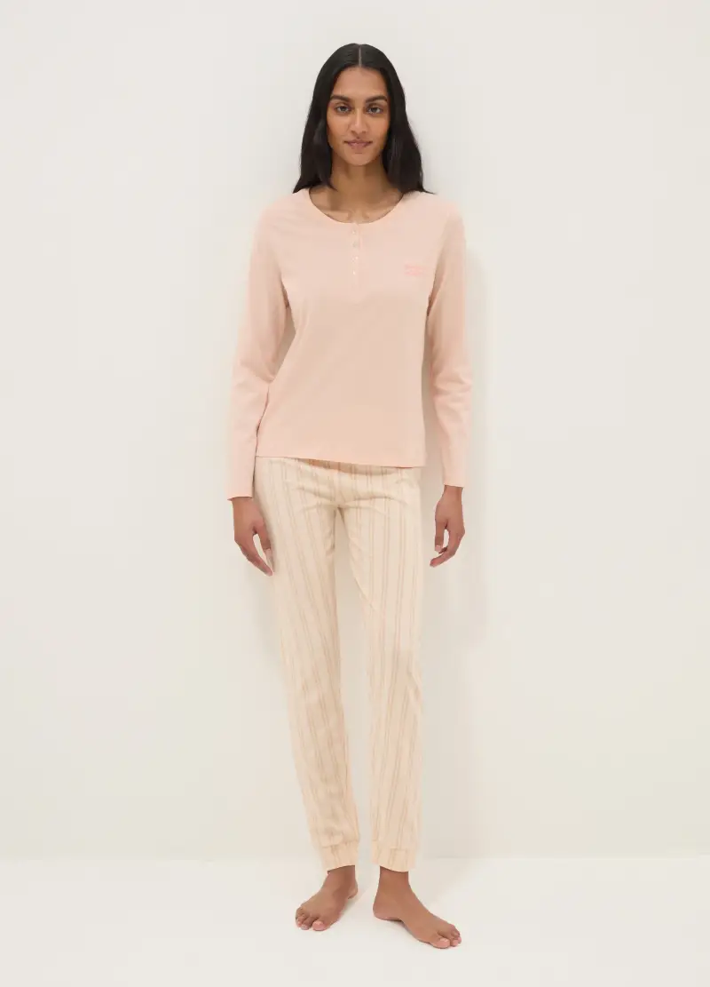 Pigiama In Puro Cotone Rosa Regular Fit Con Scollo Serafino, Donna, Rosa