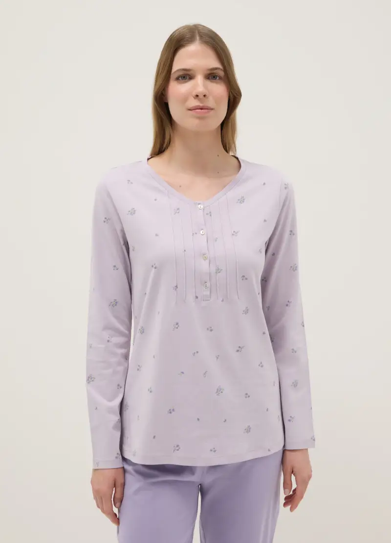 Ovs Pigiama Donna Viola in Puro Cotone con Collo Serafino e Motivo Floreale miniatura 2