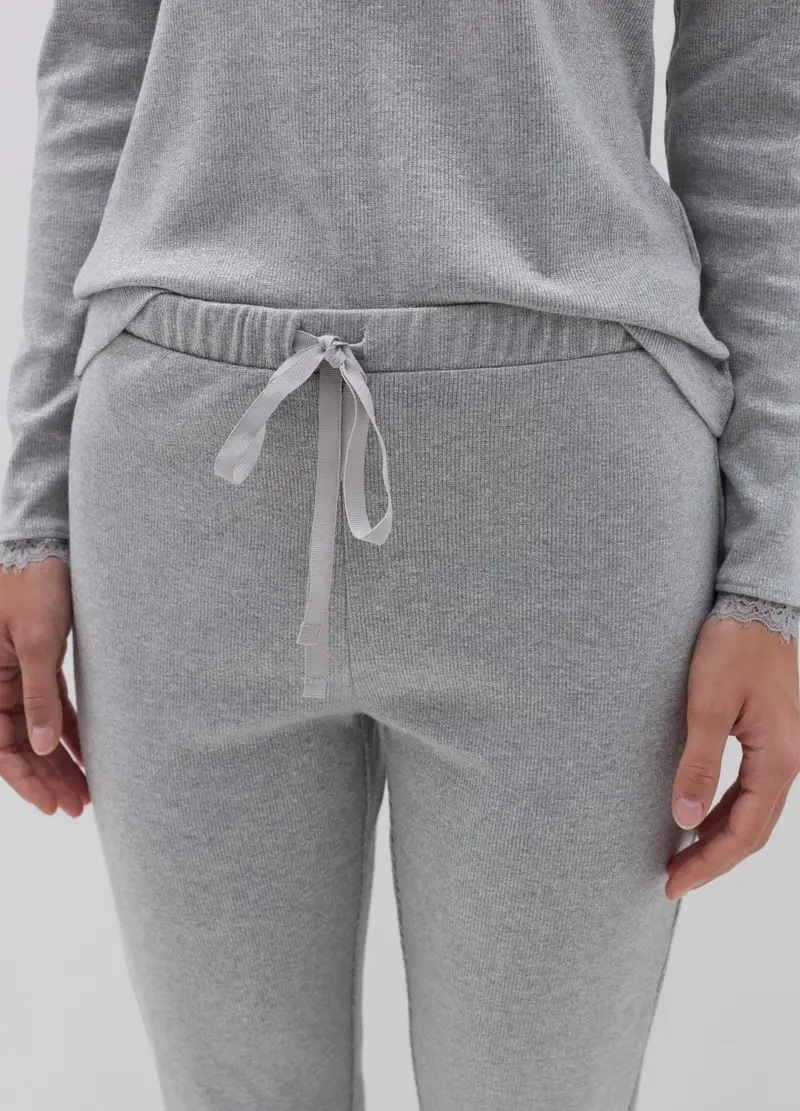 Pigiama Lungo Con Lurex E Profili In Pizzo, Donna, Grigio miniatura 3