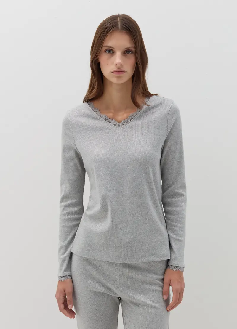 Pigiama Lungo Con Lurex E Profili In Pizzo, Donna, Grigio miniatura 2